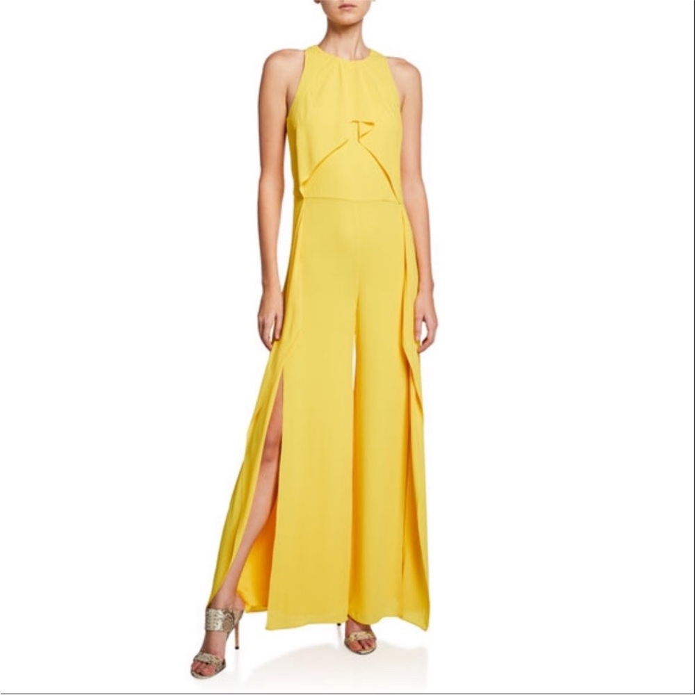 New Halston Heritage Jumpsuit Yellow Split Wide Leg High Neck Size 2